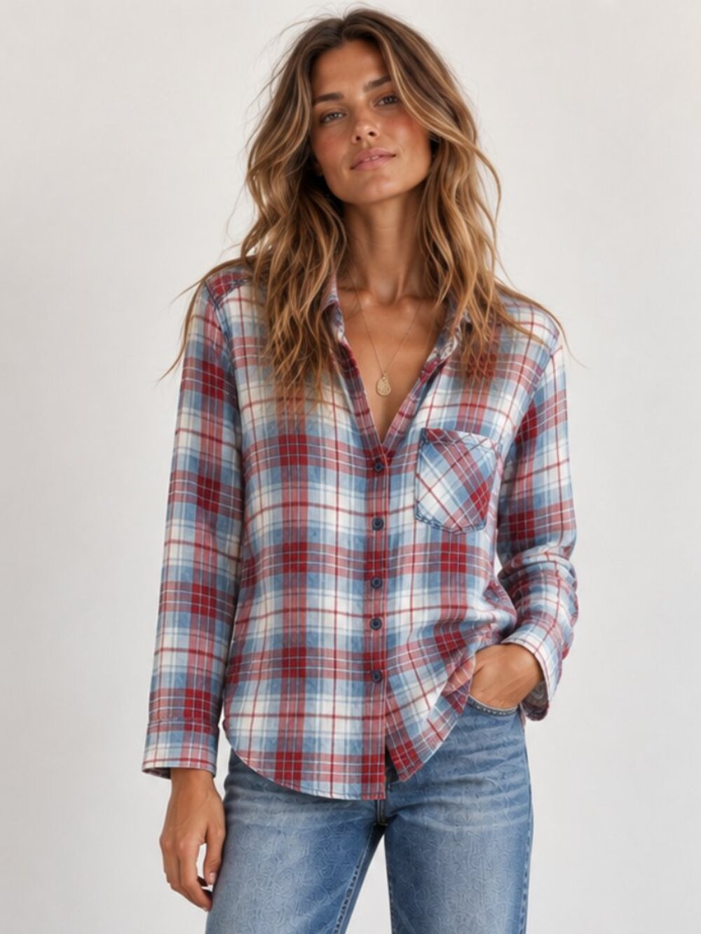 ANTHROPOLOGIE Bella Dahl Faded Sunwashed Button Down Blue Red Plaid Shirt S EUC
